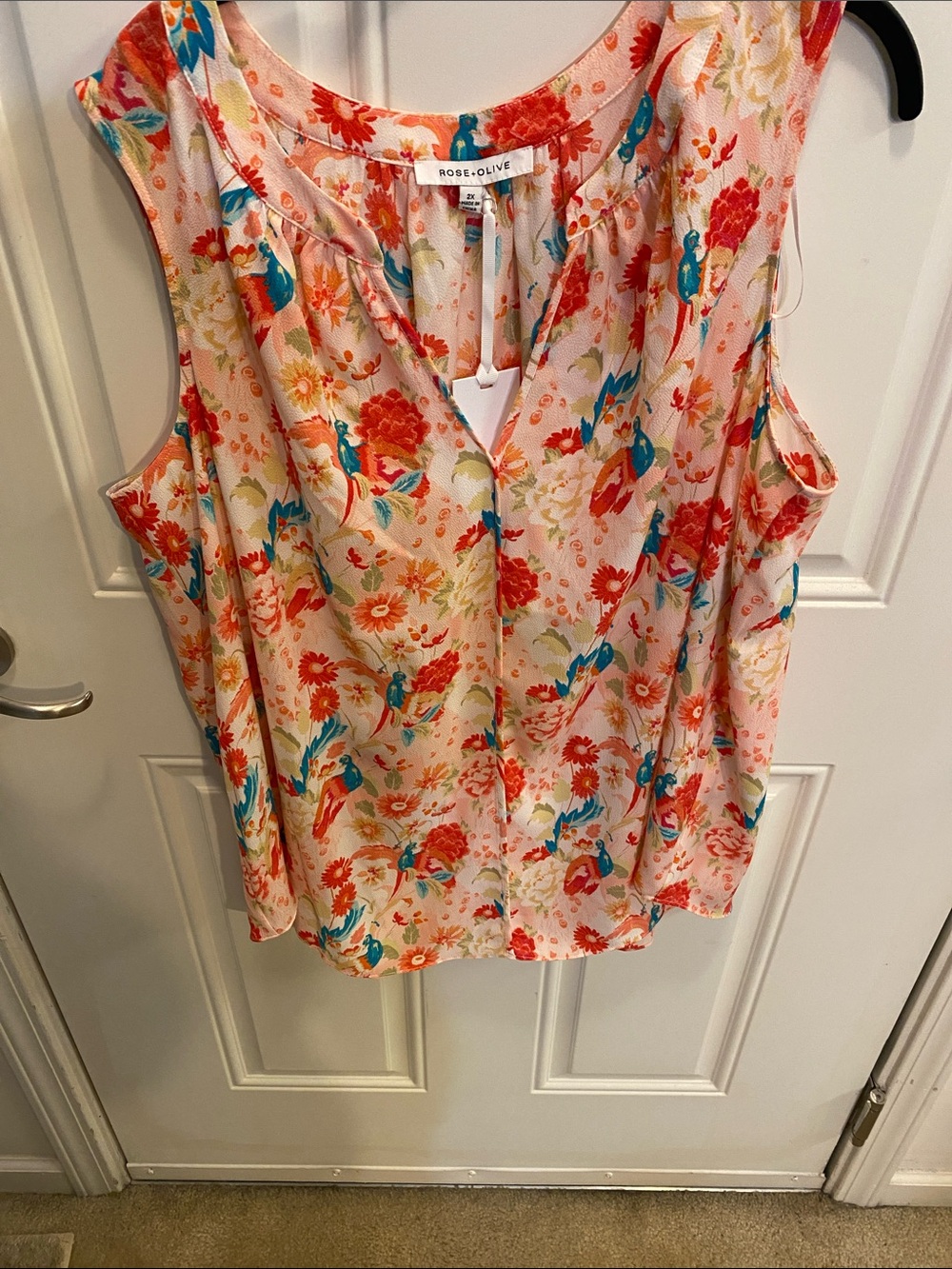 Rose & Olive Pink Floral Sleeveless Camisole with Teal Bird Accents